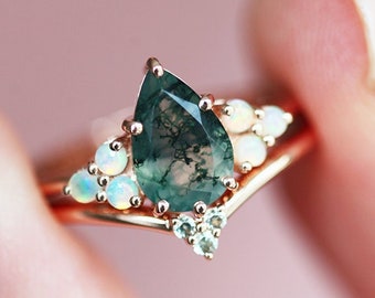 Pear moss agate ring with side Australian opals, Moss agate engagement ring set