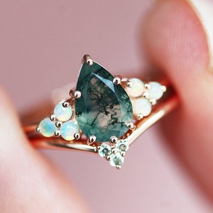 Pear moss agate ring with side Australian opals, Moss agate engagement ring set image 1