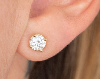 14k Solid Gold Round Diamond Wedding Anniversary Earrings, Half 0.5 Carat, 1 ct White Diamonds Earring Studs, Moissanite Stud, Prong Jewelry