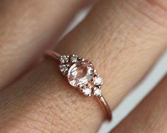 Oval Peach Sapphire Cluster Ring with side Diamonds, Solid Gold Band with 6mm Stone, Engagement or Wedding Ring