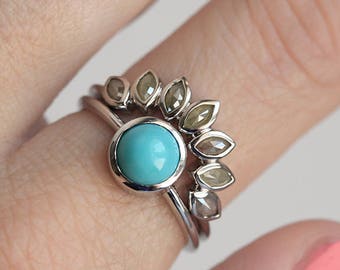 Ensemble de bague turquoise, bague de fiançailles, bague en diamant taille rose grise, bague solitaire, bague de mariage, ensemble de mariée, bague marquise, bague en diamant gris