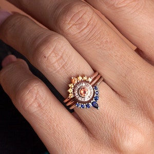 Sapphire engagement ring set, Sunset wedding set, Orange & blue gemstone rings image 4
