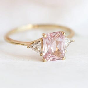 Peach Blush Sapphire Engagement Ring, Radiant Peach Sapphire Ring with Trillion Diamonds, Trillion Diamond Ring by Minimalvs