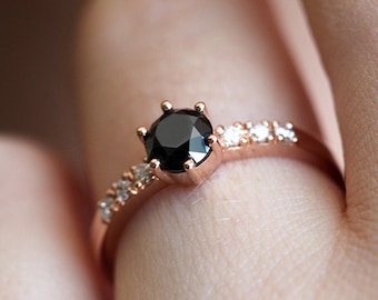 Black Diamond Ring / Round Black Diamond Engagement Ring With Pave Diamonds / Black Diamond Jewelry / Available in 14k 18k White Rose Yellow