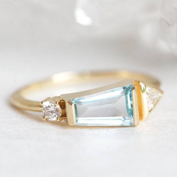 Aquamarine engagement ring, Geometric diamond ring, Trapezoid baguette ring, Modern wedding cluster