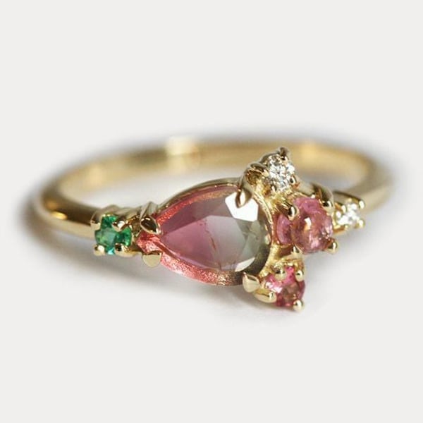 Anillo de turmalina sandía, anillo de racimo rosa, anillo de compromiso único, racimo de múltiples piedras preciosas