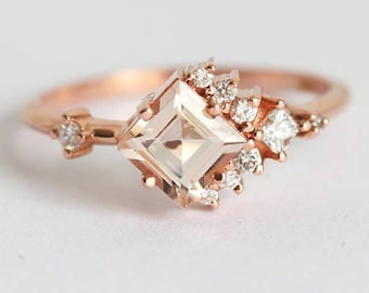 Morganite engagement ring, Diamond cluster ring, Unique asymmetrical ring, Gold peach pink ring