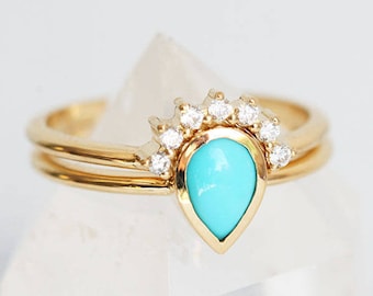 Pear Turquoise Ring Set, Diamond Crown Ring with Turquoise Solitaire Ring, Turquoise Diamond Ring Set, simple Ring Set