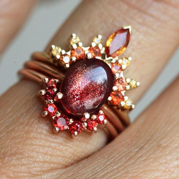 Flame Sunstone Ring Set with Oval Oregon Sunstone and Red, Fire ring Set, Orange, Yellow Sapphires, Unique Autumn Engagement Set