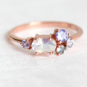 Rose Gold Moonstone Ring, Cluster Engagement Ring with Moonstone, Sapphire, Tanzanite, Perfect Birthstone Ring
