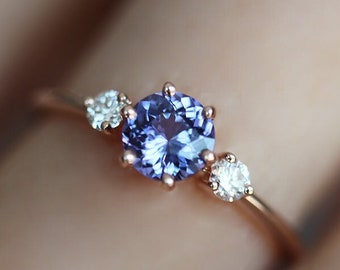 Purple sapphire ring, Blue purple sapphire engagement ring, three stone sapphire ring