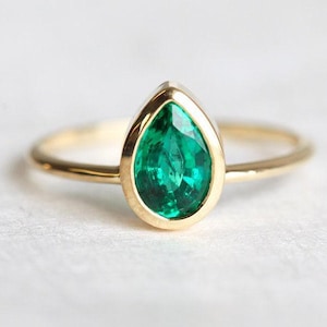 Pear Emerald Solitaire Bezel Ring in 14k Solid Gold, Engagement or May Birthstone Gift