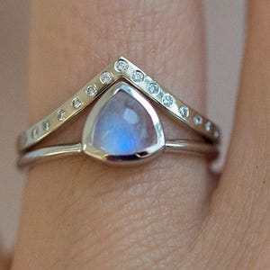 Trillion Blue Moonstone Ring with curved V shaped Diamond Wedding band, Simple Engagement Ring Set