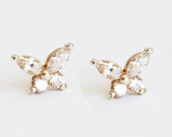 Diamond Stud Earrings, Butterfly Wedding Studs, 14k Gold Cluster Studs, Elegant Anniversary Gift For Her, Birthday Gift For Mom, MinimalVS