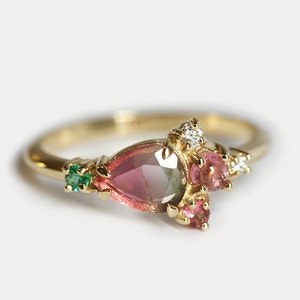 Watermelon tourmaline ring, Pink cluster ring, Unique engagement ring, Multi gemstone cluster