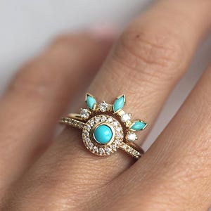 Dreamcatcher Ring Set, Turquoise Diamond Ring Set, Unique Engagement Ring Set, Bohemian Ring Set, Boho ring Set, Modern Diamond Ring Set