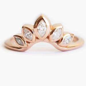 Rose Gold Diamond Wedding Band with Marquise Diamonds, Leaf Diamond Band, Floral Wedding Ring