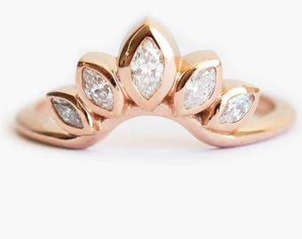 Rose Gold Diamond Wedding Band with Marquise Diamonds, Leaf Diamond Band, Floral Wedding Ring