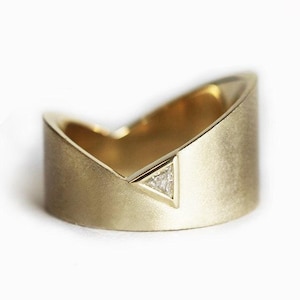 Triangle diamond wedding ring, Modern gold band, Wide trillion diamond ring, Unique asymmetrical ring