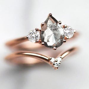 Salt and pepper diamond ring, Pear galaxy engagement ring set, Grey three stone ring, Nesting band