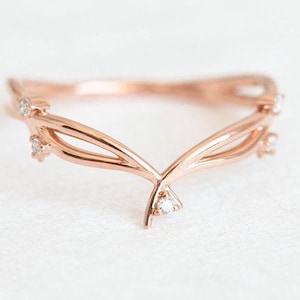 Floral wedding band, Twig & leaf ring, Rose gold ring, Delicate diamond band, Ivy engagement band