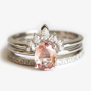Peach Sapphire Ring with matching Diamond Crown Ring and Full Diamond Eternity Band in white gold, Oval Peach Sapphire Ring by Minimalvs