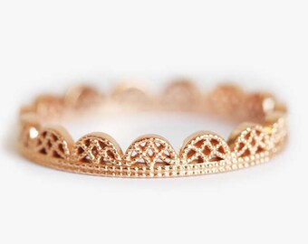 Gold Filigree Ring, Rose Gold Lace Band, Delicate Lace Wedding Ring in 14k and 18k Gold