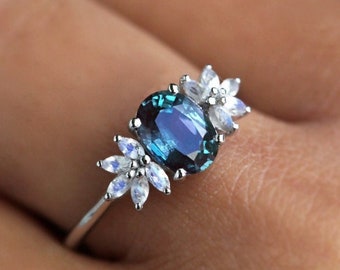 Floral alexandrite ring, Alexandrite moonstone ring Alexandrite engagement ring with marquise moonstones