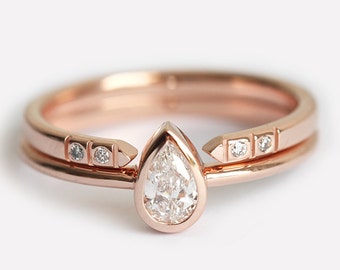 Rose Gold Diamond Engagement Ring Set, Pear Diamond Ring With Open Diamond Band, Pear Engagement Ring With Pave Diamond Ring