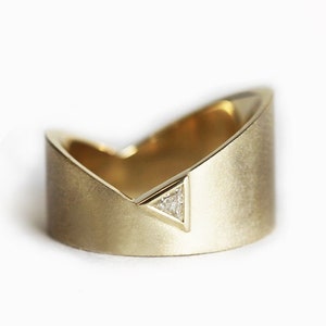 Triangle diamond wedding ring, Modern gold band, Wide trillion diamond ring, Unique asymmetrical ring image 1
