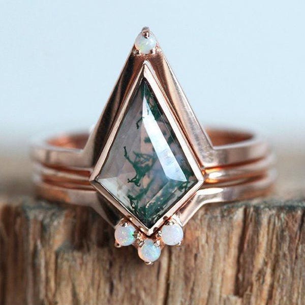 Ring van mosagaat, unieke trouwset, vliegerverlovingsring, opaal nestringen