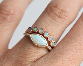 Opal wedding band, or engagement set, Curved stacking ring, Marquise opal & diamond ring, Rose gold ring