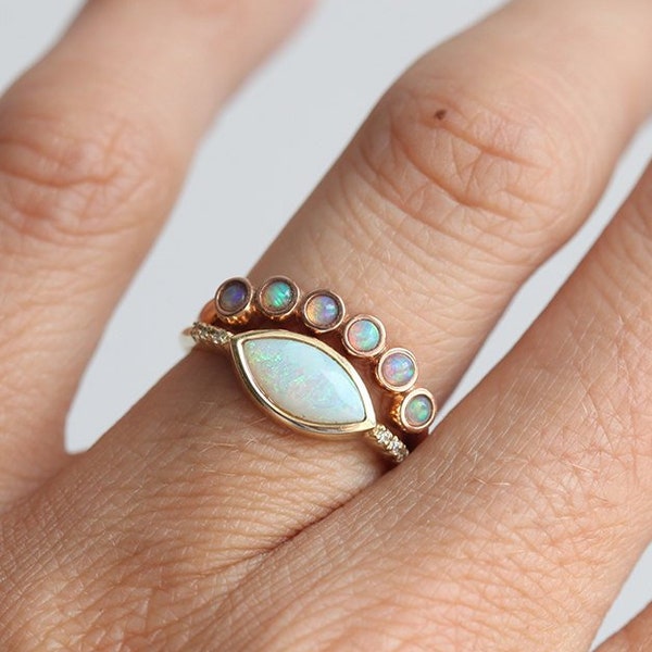 Opal wedding band, or engagement set, Curved stacking ring, Marquise opal & diamond ring, Rose gold ring