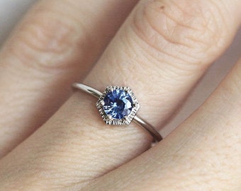 Blue Sapphire Ring, Hexagon Solitaire with Filigree Detail in 14k or 18k Solid Gold