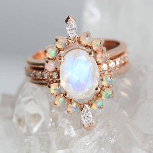 Moonstone engagement ring set, Opal wedding ring set, Dream moonstone ring, Rose gold rainbow ring