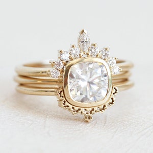 Moissanite Diamond Ring, Cushion Moissanite Engagement Three Ring Set in 14k, 18k Solid Gold or Platinum, MinimalVS image 2