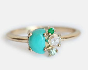 Birthstone Engagement Ring, Turquoise Ring, Gemstone Cluster Ring, Half Moon Ring, Unique Gold Ring, Multistone Ring, Mother Ring, 14k Gold