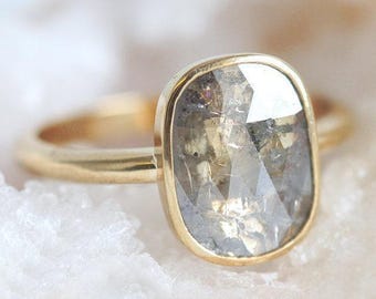 Diamond slice ring, Champagne diamond ring, Grey engagement ring, Natural rose cut cushion diamond ring