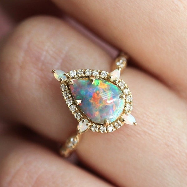 Pear Black opal ring, Unique opal engagement ring with halo diamonds and opals