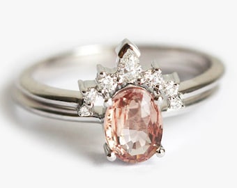 Oval Peach Sapphire Ring Set with Matching Diamond Crown Ring, White Gold Sapphire Engagement Ring Set with Diamonds