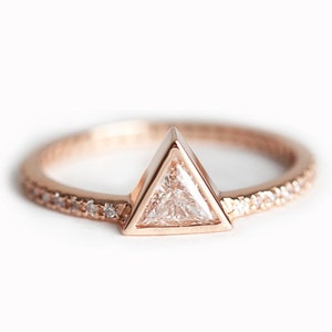 Rose Gold Diamond Engagement Ring, Triangle Diamond Ring Pave Diamond Band, Bezel Diamond Ring