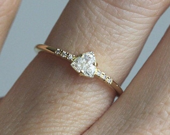 Yellow Gold Trillion Diamond Ring, Delicate Trillion Cut Diamond Engagement Ring with thin delicate band