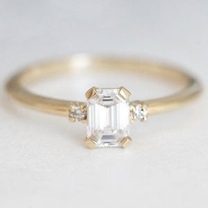 Diamond engagement ring, Emerald cut ring, Three stone ring, Simple gold ring, GIA diamond ring image 1