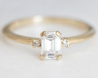 Diamond engagement ring, Emerald cut ring, Three stone ring, Simple gold ring, GIA diamond ring