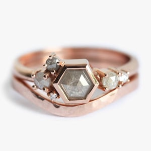 Unique Hexagon Diamond Cluster Engagement Ring or Set, 14k/18k Solid Gold, Natural Diamond Engagement Ring Geometric Clustered