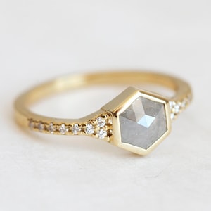 Natural Diamond ring with Rose Cut Hexagon Diamond, Grey Diamond Engagement Ring image 1