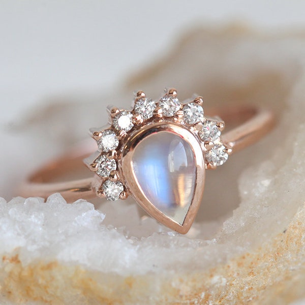 Moonstone Engagement Ring with Blue Pear Moonstone and Halo Diamonds in rose Gold,  Diamond Crown Ring