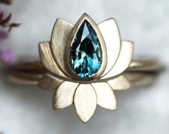Teal Pear Sapphire Ring Set, Pear Blue Sapphire Engagement Ring set, Sapphire Wedding Ring Set, Lotus Ring