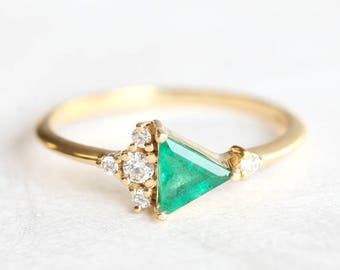 Triangle Emerald Diamond Ring, Trillion Diamond Cluster Ring, Green Engagement Ring