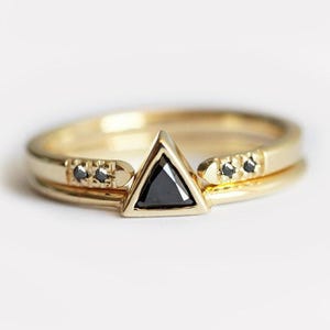 Natural Black Diamond Ring with Black Diamond Wedding Band, Triangle Black Diamond Solitaire with Open Diamond Ring image 1